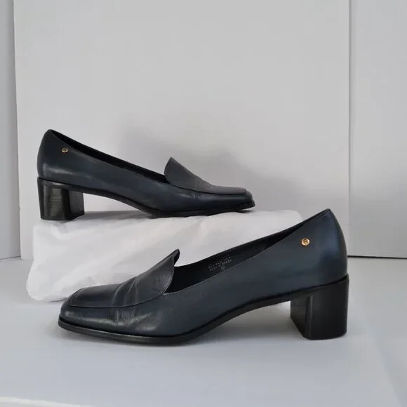 Stylish 90's Navy Leather 'Status' Slip On Square Toe Block Heel Shoes Sz 8.5 - Picture 9 of 10